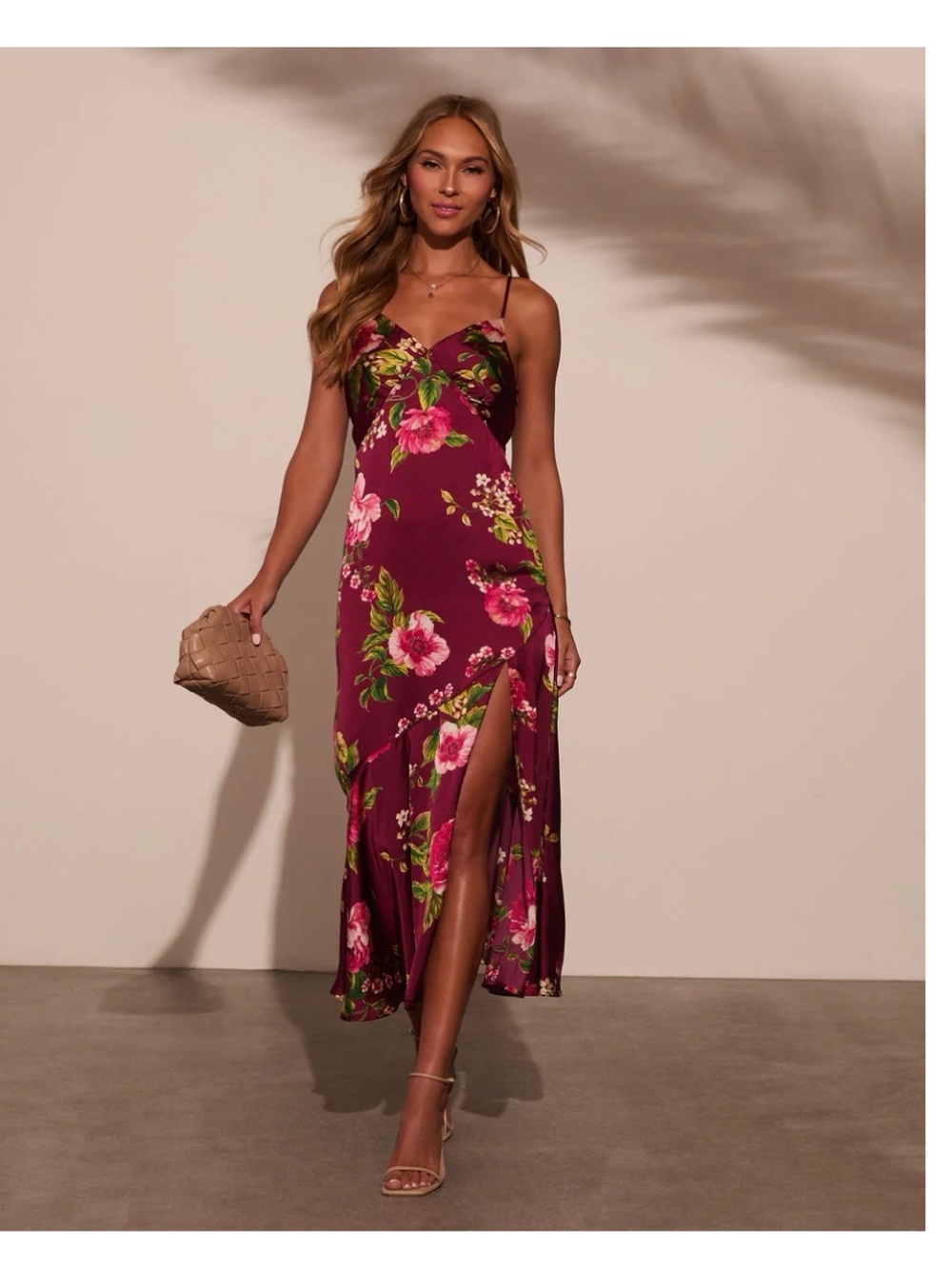 Vici Burgundy Floral Slip Maxi Dress with Pink Blooms